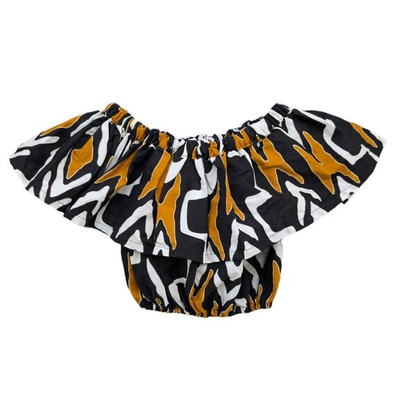 Francis Benedict Crop Top Womens Black Gold African Flutter Sleeve Pullover OS - Picture 5 of 8